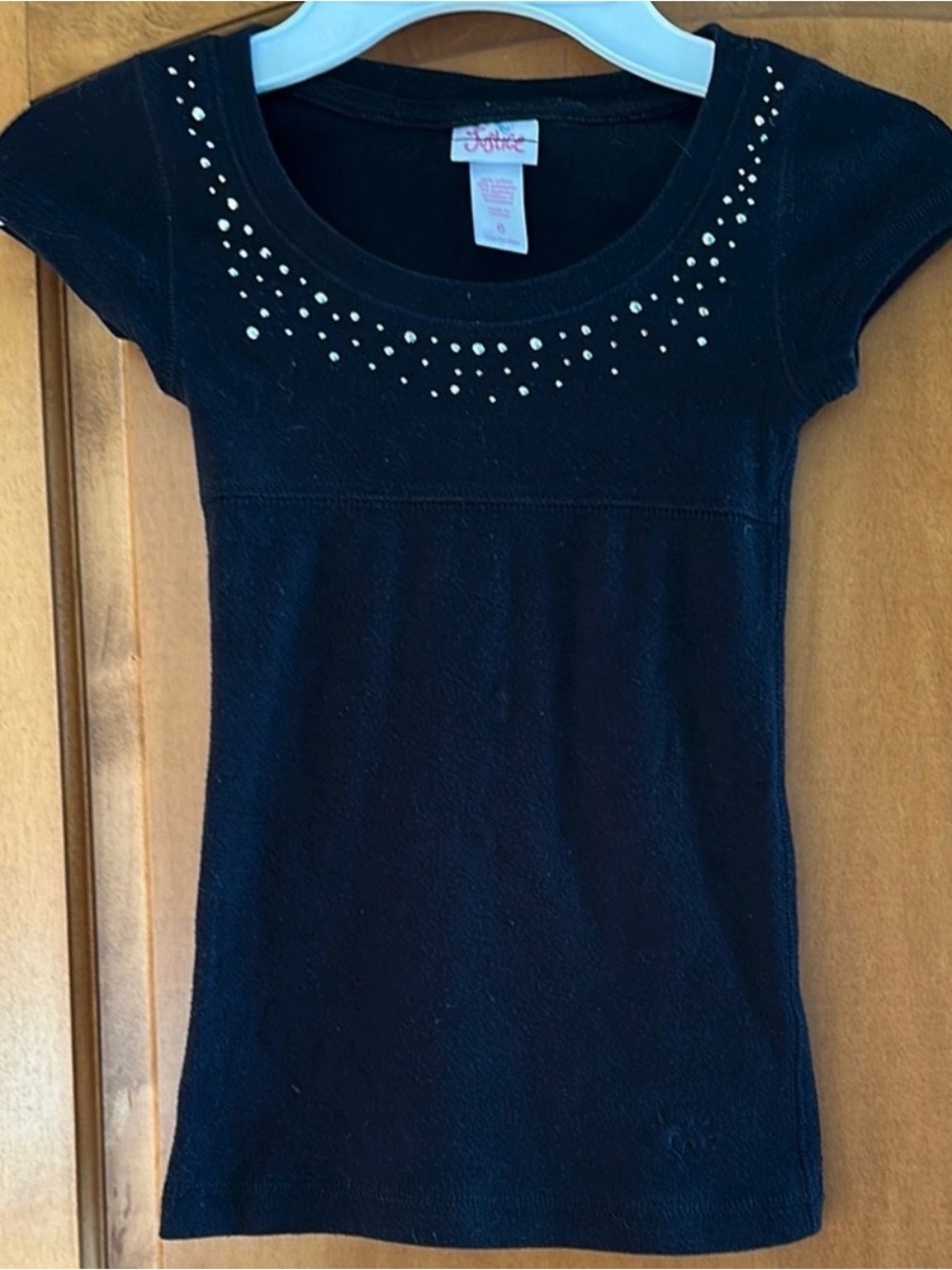 Justice Girls Black Short Sleeve Rhinestone Embellished Scoop Neck Top Size 6